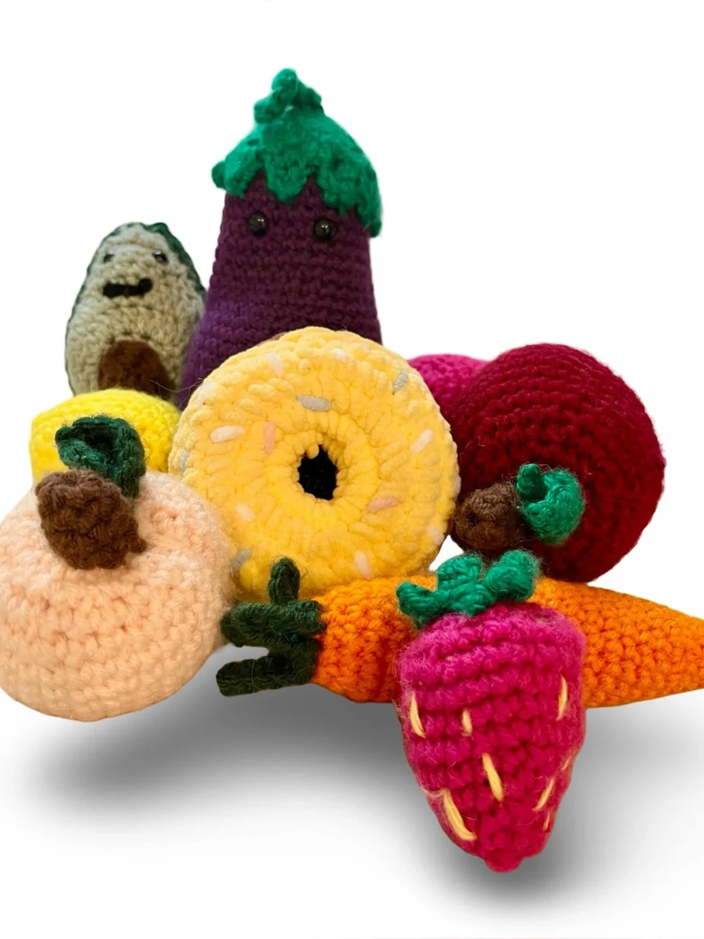 Handmade Crochet Play Food Set - 9pc Amigurumi Fruits, Veggies & Donut